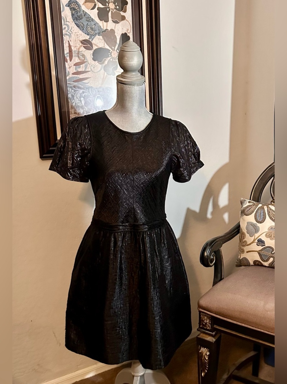 Theory Liquid Black Short Sleeve Wool Blend Jacquard Fit & Flare Mini Dress